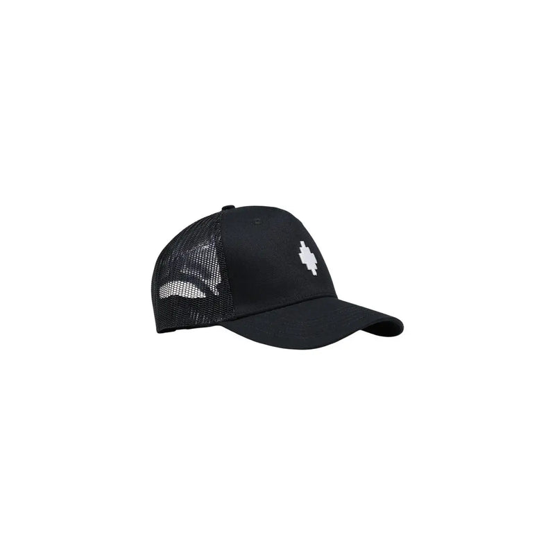Schwarze Baseballkappe im Trucker-Stil aus Baumwollmischgewebe mit weißem, gesticktem Logo auf der Vorderseite (County of Milan).