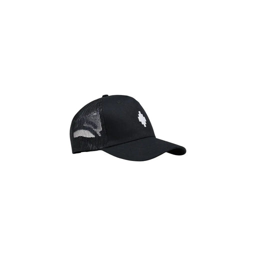 Schwarze Baseballkappe im Trucker-Stil aus Baumwollmischgewebe mit weißem, gesticktem Logo auf der Vorderseite (County of Milan).