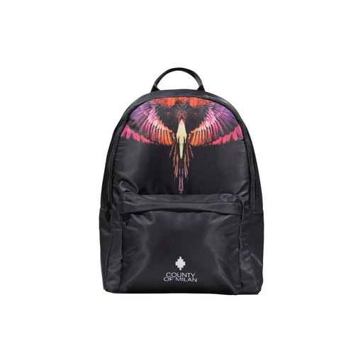 Schwarzer Nylon-Rucksack der Marke County of Milan für Herren mit einem farbenfrohen, geflügelten Engel-Motiv und gesticktem Logo auf der Vorderseite.
