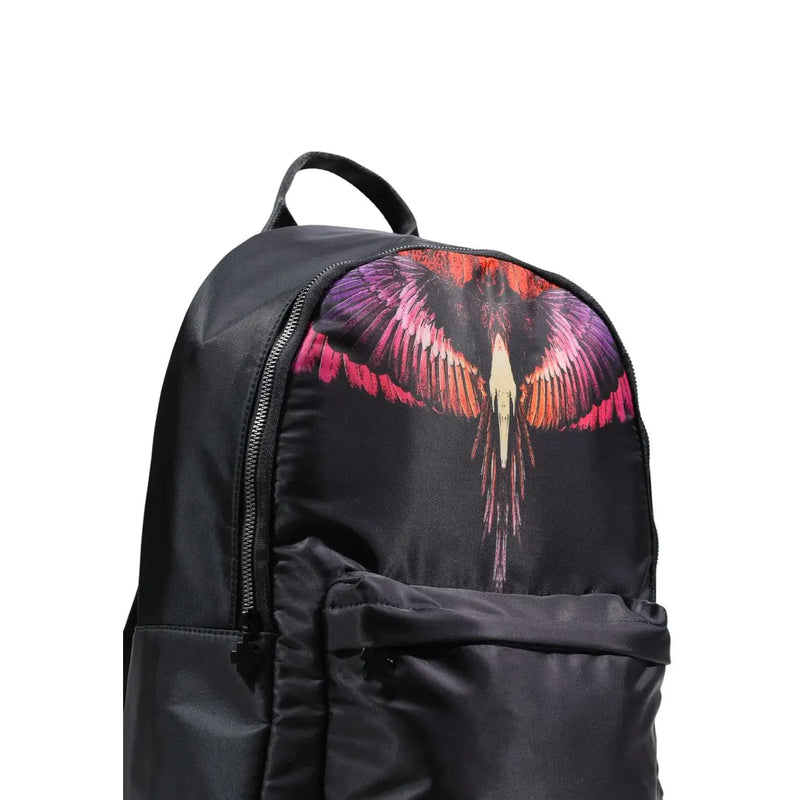 Schwarzer Nylon-Rucksack für Herren aus der Grafschaft Mailand mit farbenfrohem, lila-pinkfarbenem Vogelmotiv (38 x 42 x 15 cm)