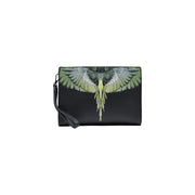 Schwarze Herren-Clutch aus Kunstleder von County of Milan mit detailliertem grün-weißem Flügelmuster, 26 x 19 x 7 cm