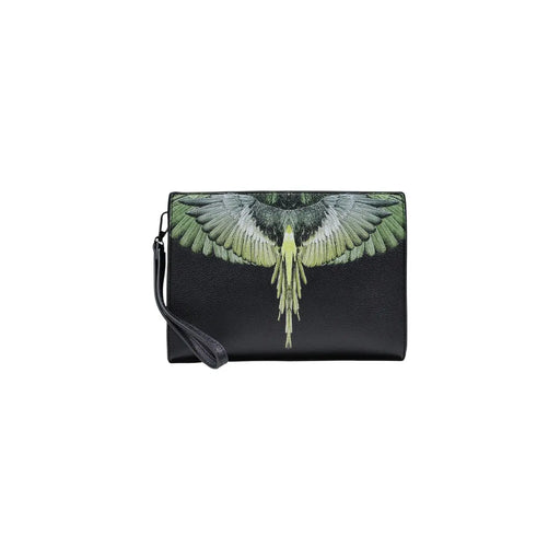 Schwarze Herren-Clutch aus Kunstleder von County of Milan mit detailliertem grün-weißem Flügelmuster, 26 x 19 x 7 cm