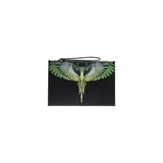 Schwarze Herren-Clutch aus Kunstleder von County of Milan mit detailliertem grün-weißem geflügeltem Vogelmotiv und Handschlaufe, 30 x 20 cm