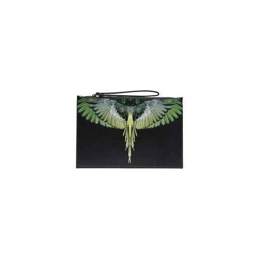 Schwarze Herren-Clutch aus Kunstleder von County of Milan mit detailliertem grün-weißem geflügeltem Vogelmotiv und Handschlaufe, 30 x 20 cm