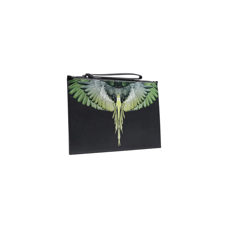 Schwarze Herren-Clutch aus Kunstleder von County of Milan mit einem auffälligen grün-weißen Vogelmotiv und schwarzem Reißverschlussanhänger.