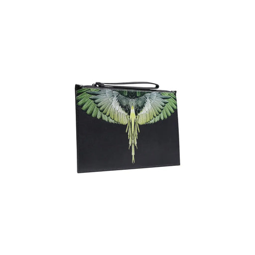 Schwarze Herren-Clutch aus Kunstleder von County of Milan mit einem auffälligen grün-weißen Vogelmotiv und schwarzem Reißverschlussanhänger.