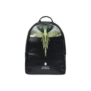Schwarzer Lederrucksack mit leuchtend grünem und weißem geflügeltem Vogelmotiv und dem Logo des Landkreises Mailand am Boden