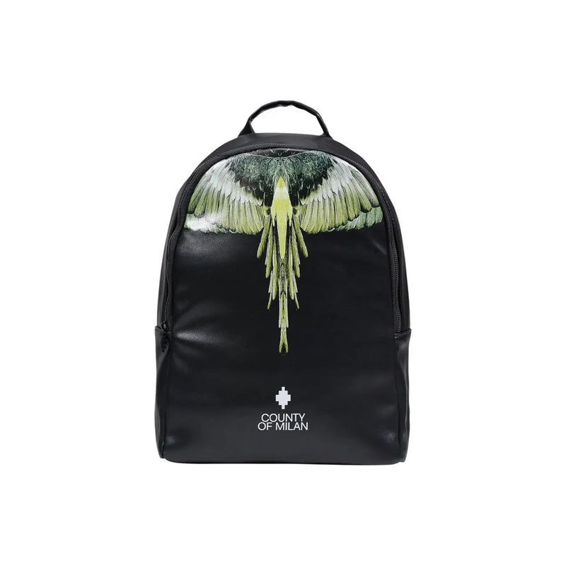 Schwarzer Lederrucksack mit leuchtend grünem und weißem geflügeltem Vogelmotiv und dem Logo des Landkreises Mailand am Boden