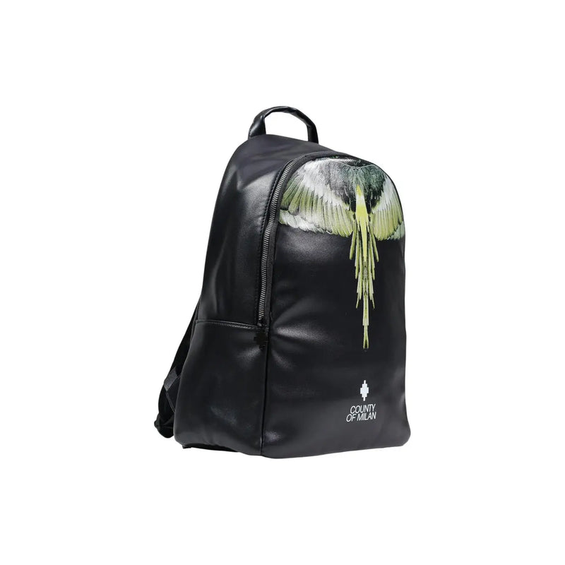 Schwarzer Rucksack aus Kunstleder mit grün-weißem Flügelmotiv und dem Logo der Grafschaft Mailand auf der Vorderseite