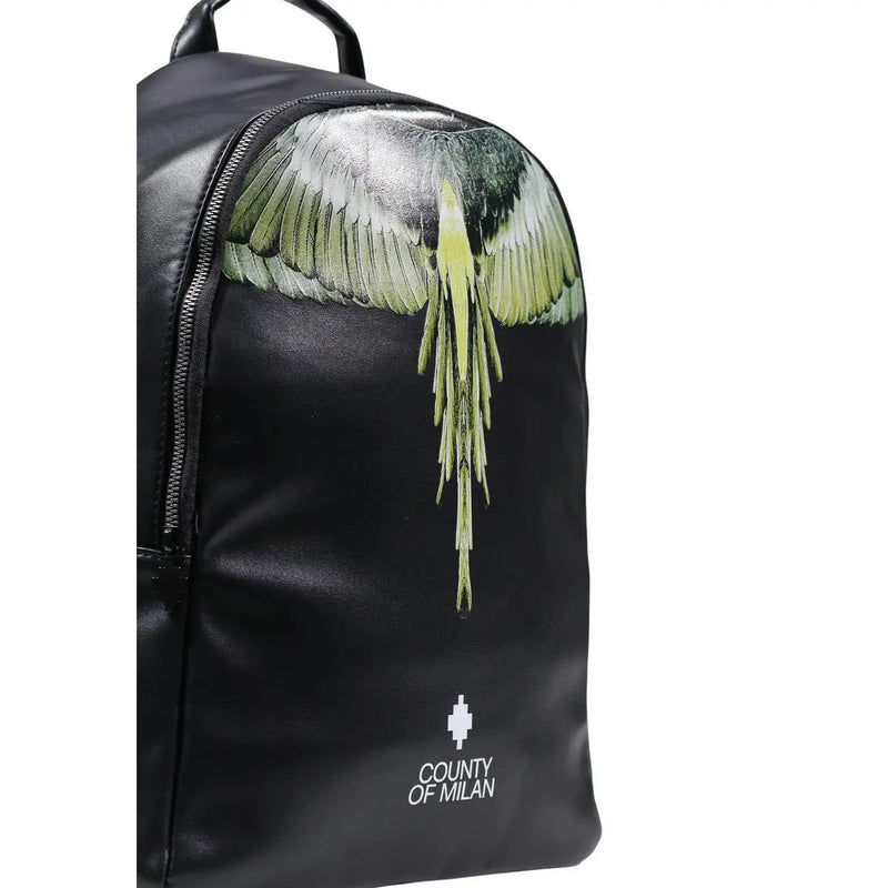 Schwarzer Rucksack aus Kunstleder mit grünem und silbernem Flügelmotiv und aufgesticktem Logo des Landkreises Mailand.