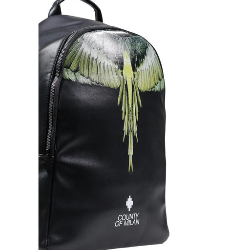 Schwarzer Rucksack aus Kunstleder mit grünem und silbernem Flügelmotiv und aufgesticktem Logo des Landkreises Mailand.