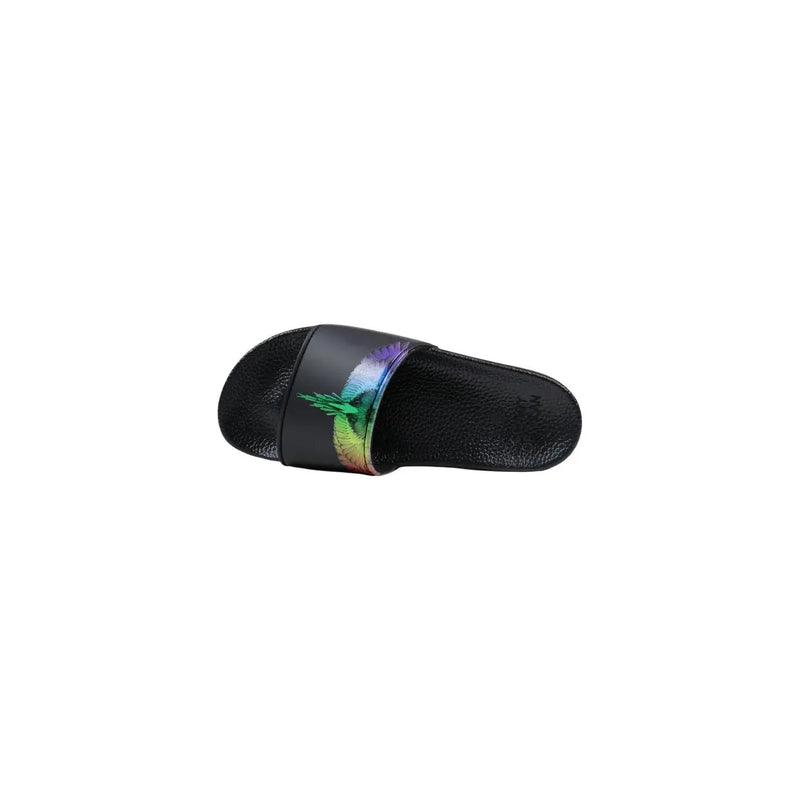 County of Milan men black synthetic slippers with vibrant iridescent rainbow feather design on slide sandal strap