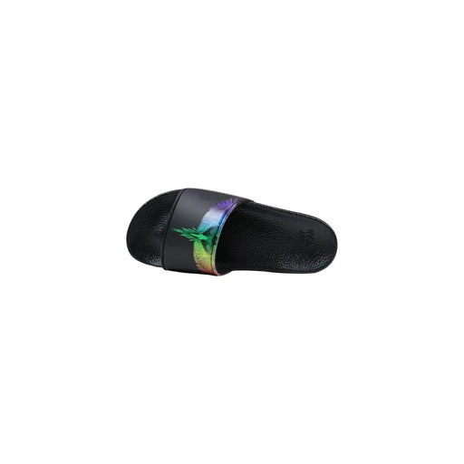 County of Milan men black synthetic slippers with vibrant iridescent rainbow feather design on slide sandal strap