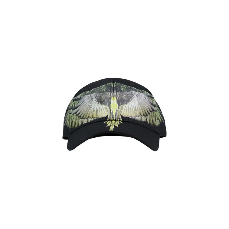 Schwarze Herrenkappe von County of Milan aus Baumwollmischgewebe mit detailliertem, farbenfrohem Adlerprint in Grau-, Weiß- und Gelbtönen.