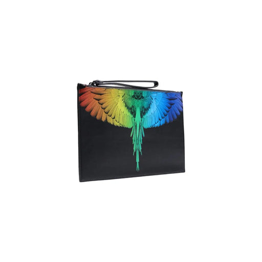 Schwarze Clutch aus Kunstleder von County of Milan mit leuchtend regenbogenfarbenem Flügelprint, Reißverschlusstasche, 30 x 20 cm