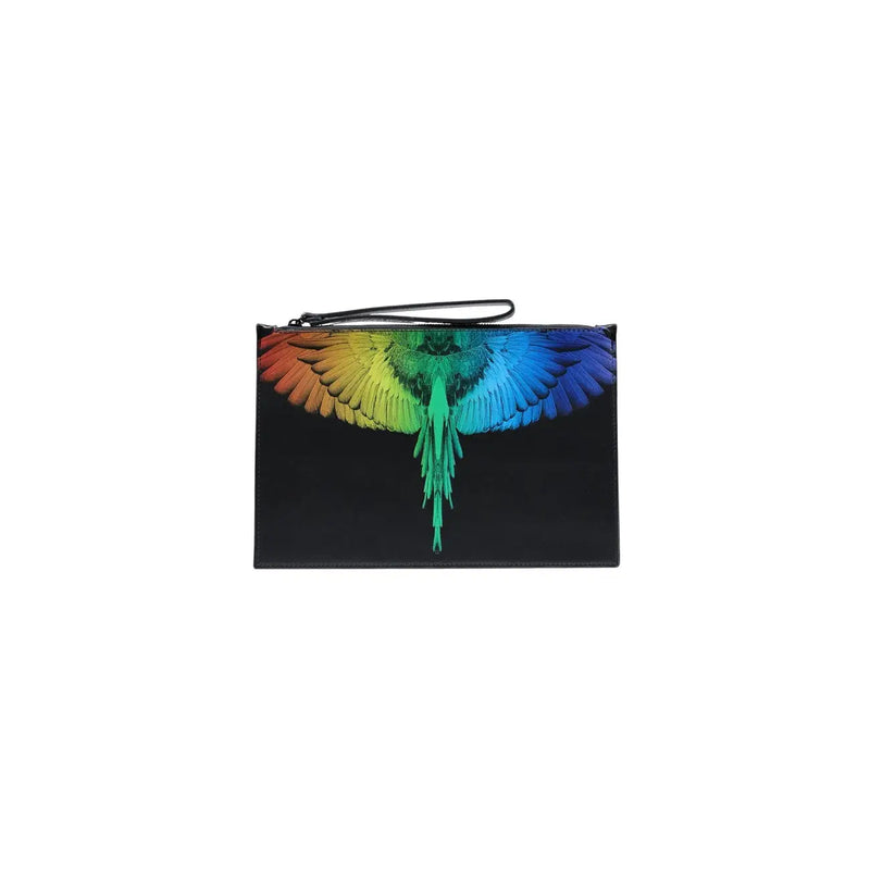 Schwarze Herren-Clutch aus Kunstleder von County of Milan mit Regenbogenflügel-Design, Reißverschluss und Handschlaufe, 30 x 20 cm