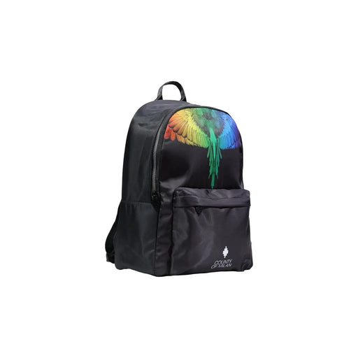 Schwarzer Nylon-Rucksack der Marke County of Milan für Herren mit leuchtendem Regenbogenflügel-Design und weißem Markenlogo auf der Vorderseite