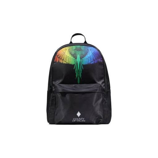 Schwarzer Nylon-Rucksack von County Of Milan für Herren mit farbenfrohem Regenbogenengel-Motiv und Markenlogo, 38 x 42 x 15 cm