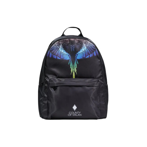 Schwarzer Nylon-Rucksack der Marke County of Milan für Herren mit leuchtend blau-grün schimmerndem Flügelmuster und gesticktem Logo