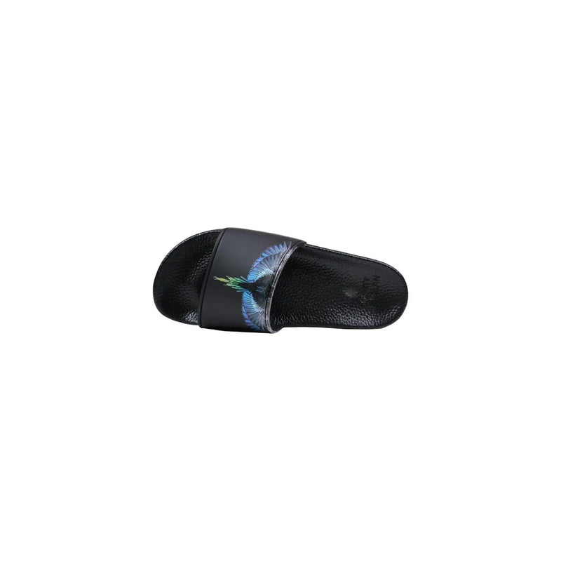 Black synthetic County of Milan men slippers with a vibrant blue and green feather print on the strap