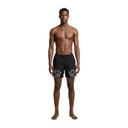 County of Milan Herren-Badehose, schwarze Polyester-Shorts mit auffälligem weiß-grauem Schlangenmuster an den Unterschenkeln, Vorderansicht