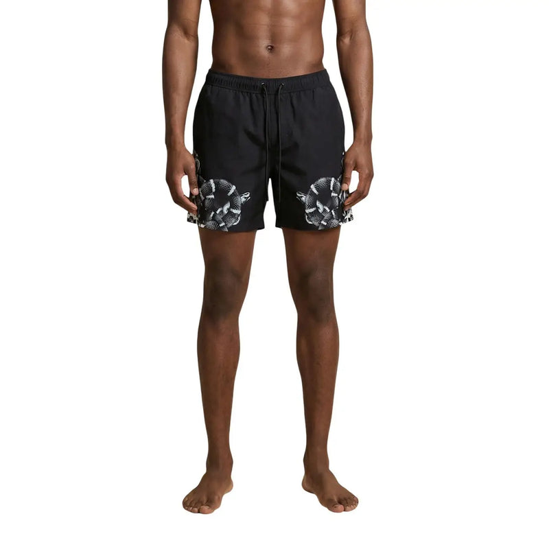 County of Milan men swimwear black polyester shorts with bold white snake pattern on lower legs