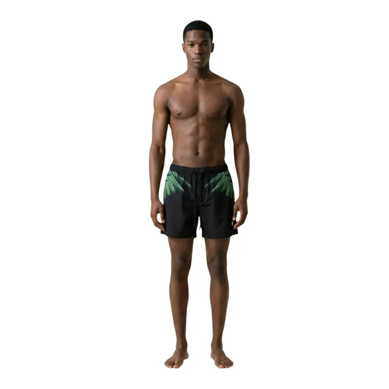 County of Milan men swimwear black swim trunks with vibrant green palm leaf pattern on the sides