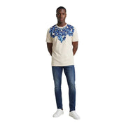County of Milan Herren-T-Shirt, beige, kurzärmelig, aus Baumwolle, mit auffälligem blauem Flügelmotiv auf der Brust, Rundhalsausschnitt, Größe S