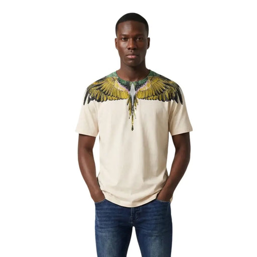 Cream-colored cotton short-sleeved County of Milan men t-shirt with colorful wing graphic on shoulders and chest