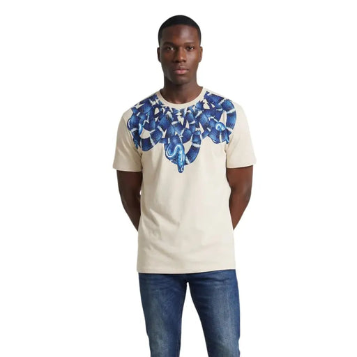 Beige cotton County of Milan men t shirt with round neck and bold blue snake graphic across the chest
