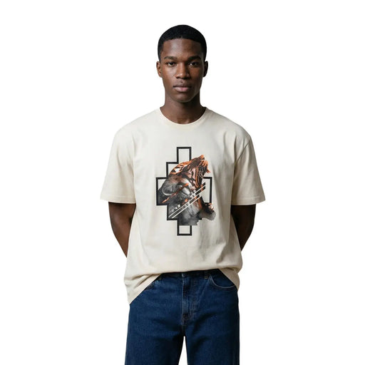 Cream-colored short-sleeved cotton t shirt by County of Milan with bold tiger graphic framed by black geometric lines