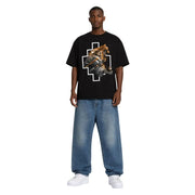 County of Milan black cotton men t shirt with round neck and gold silver white tiger and wolf graphic on bold white cross