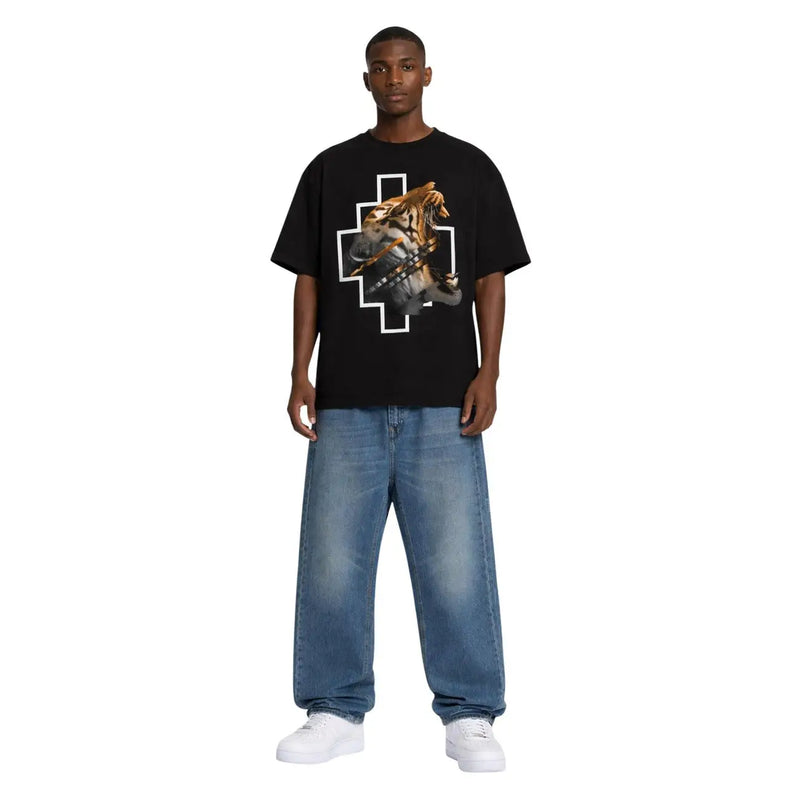 County of Milan black cotton men t shirt with round neck and gold silver white tiger and wolf graphic on bold white cross