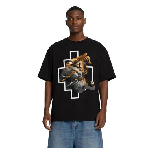 Schwarzes Baumwoll-T-Shirt für Herren von County of Milan mit kurzen Ärmeln und einem Tigermotiv mit weißem geometrischem Kreuzmuster