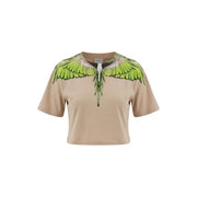 Beige Baumwoll-Crop-Top t-shirt von Marcelo Burlon mit einem grünen Flügelmotiv und detaillierten schwarzen Akzenten