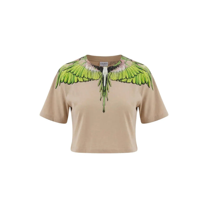 Beige Baumwoll-Crop-Top t-shirt von Marcelo Burlon mit einem grünen Flügelmotiv und detaillierten schwarzen Akzenten