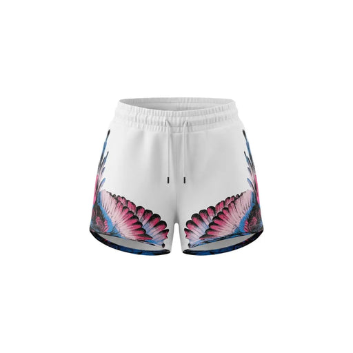 Weiße Baumwollshorts für Damen von County Of Milan mit leuchtend pinken und blauen Flügelmotiven an den Seiten.