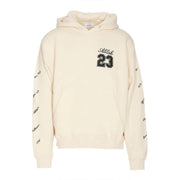Cream-colored cotton hoodie with black Allah 23 graphic on chest and repeating script on sleeves in Abloh 23 design