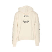 Cream hoodie back view in off-white with black embroidered Abloh 23 design branding and text on lightweight fabric