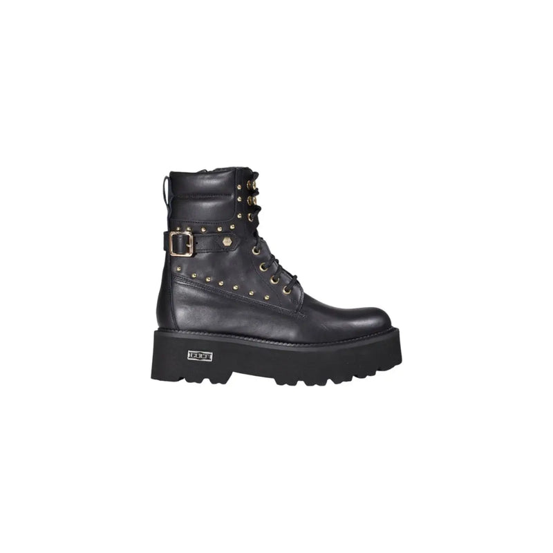 Cult Black Leather Ankle Boots with Zip, Laces, Studs, Buckle, Platform Sole