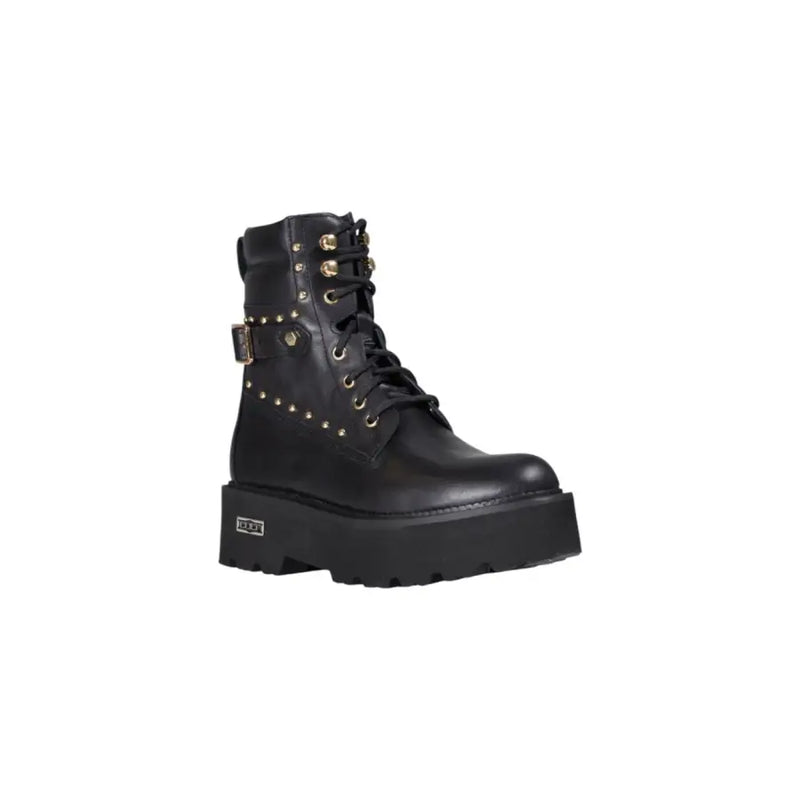 Cult Black leather ankle boots with gold studs, zip, laces, chunky sole