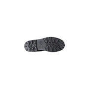 Black rubber sole with deep rugged tread and embossed brand logo on cult black leather ankle boots with zip and laces
