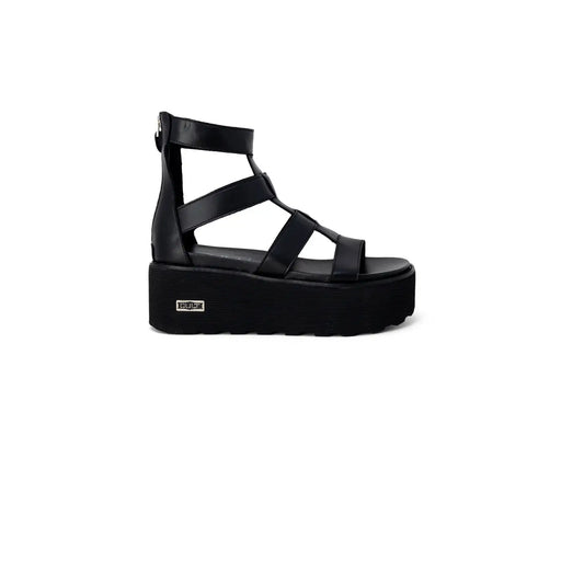 Schwarze Leder-Plateausandalen zum Hineinschlüpfen für Damen mit mehreren Riemen und einem Reißverschluss an der Rückseite