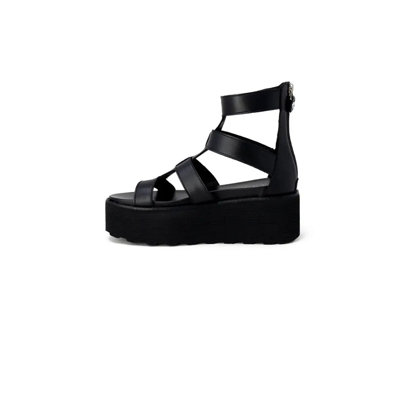 Black leather platform sandal with multiple crisscross straps and zipper closure from Cult Women collection