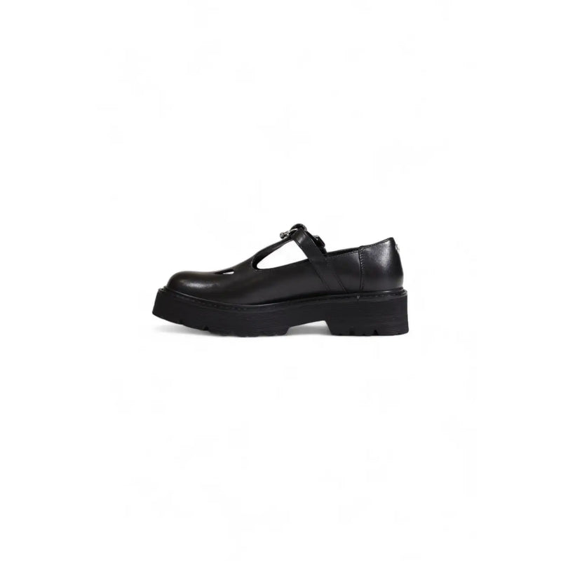 Cult women leather sandals black clip shoes featuring black leather platform mary jane with chunky sole and t-strap design