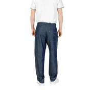 Dark blue denim pants with drawstring waist for men’s casual wear