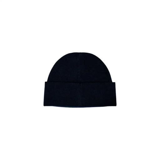 Dark blue ribbed knit beanie with folded cuff made of warm soft material for winter use