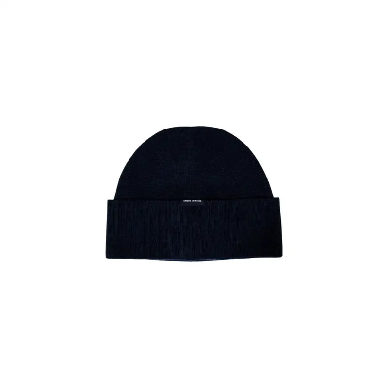 Dark blue knit beanie with ribbed texture folded cuff and subtle armani exchange branding on the front