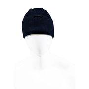 Dark blue knit beanie featuring a ribbed knit design by Armani Exchange made from soft fabric for cold weather use