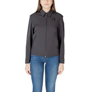 Dark gray collared jacket with sleek zip front structured shoulders and subtle brand patch on the chest